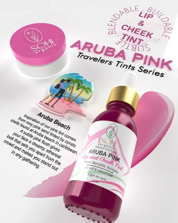 Sohi Organic Aruba Pink Tint offered in beautiful 15 ml glass bottle with story board that takes you Pink Carribean Beaches. Inspiration of our pink tint comes from rosy pink sand tinted by corals shells found at Aruba beach in caribbean. A subtle pink flush gives your face a dreamy, ethereal look that sets you apart from the crowd and makes you stand out in any gathering.
