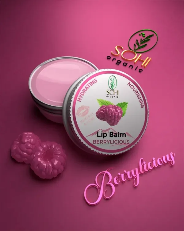 Sohi Organic Berrylicious Lip Balm offered in beautiful 10g tin container with Neutral Gloss. Refreshing berry scented moisturization