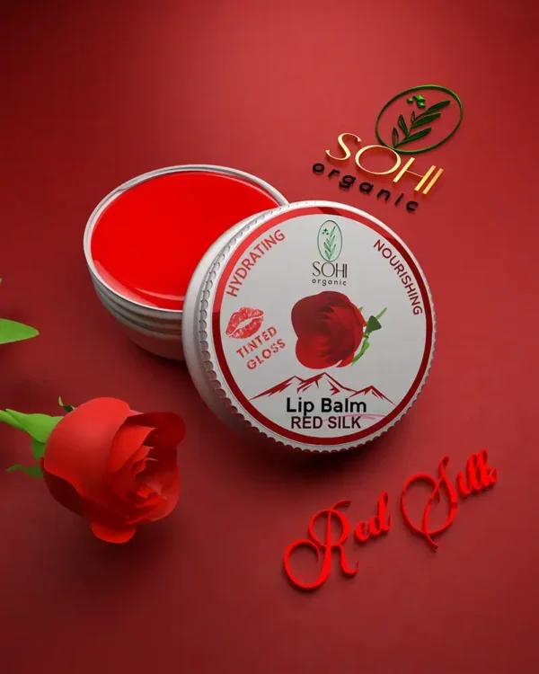 SOHI Organic Redsilk tinted Lip Balm offered in beautiful10g tin container with refreshing fresh rose scent.