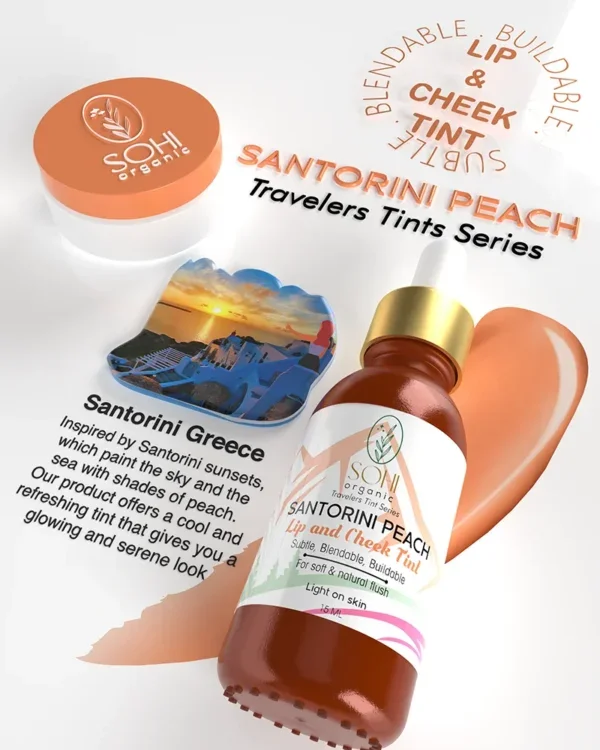 Sohi Organic Santorini Peach Tint offered in beautiful 15 ml glass bottle with story board that takes you to the serene sunset of Santorini Greece. Our peach tint is inspired by Santorini sunsets, which paint the sky and the sea with shades of peach. Tint offers a cool and refreshing tint that gives you a glowing and serene look
