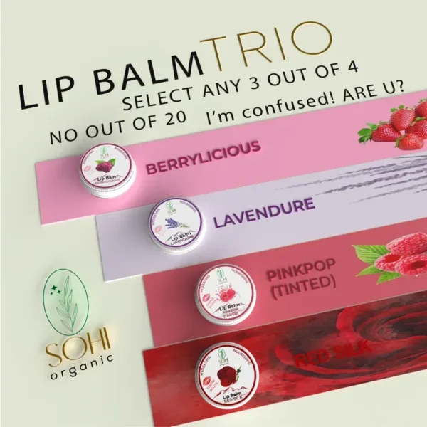 Sohi Organic Bundle of 3 Moisturizing Lip Balms where you can select any three scented lip balms from Redsilk Tinted Lip Balm, Pinkpop Tinted Lip Balm, Berrylicious Neutral gloss Lip Balm and Lavendure Neutral Gloss Lip Balm