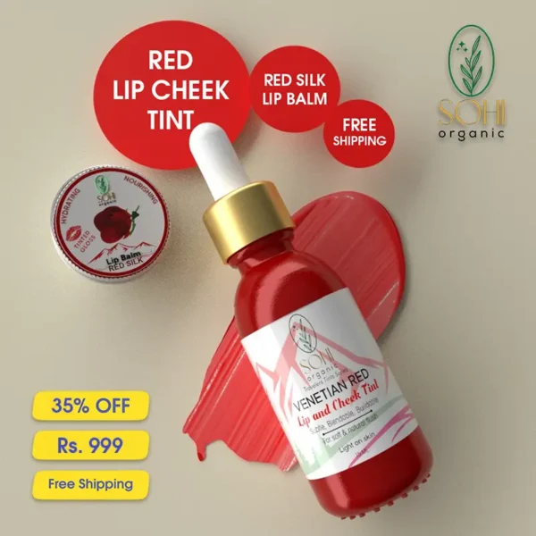 Sohi Organic Daily Bold Duo Bundle of Venetian Red Lip Cheek Tint in 15ml glass bottle and Redsilk Tinted Lip Balm in beautiful 10 gm tin container.