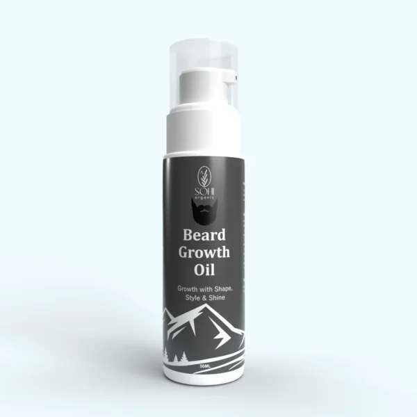 SOHI Organic Beard and Mustache Growth Oil in a plastic bottle with dew pump, promotes healthy and thick beard growth with sleek shine and style
