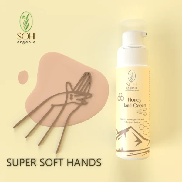 Sohi Organic Honey Hand Cream offered in 50ml plastic bottle with dew pump.