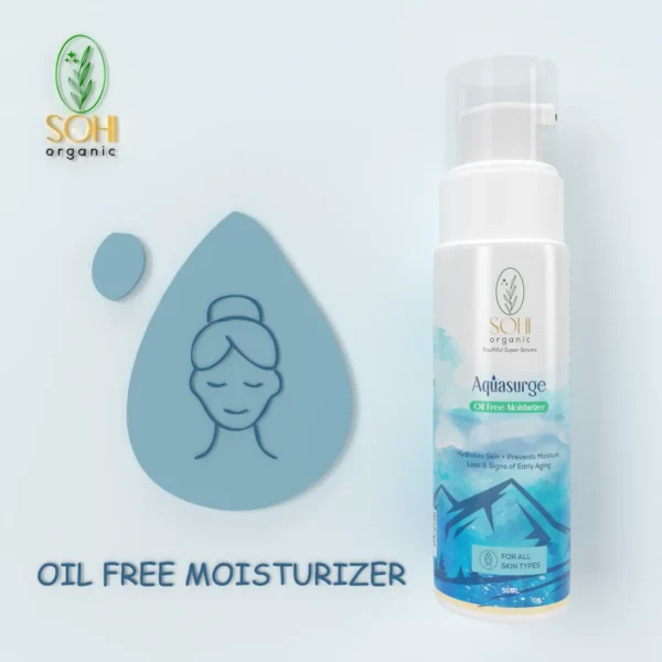 Sohi Organic Aquasurge Oil Free Moisturizer offered in 50ml plastic bottle with dew pump.