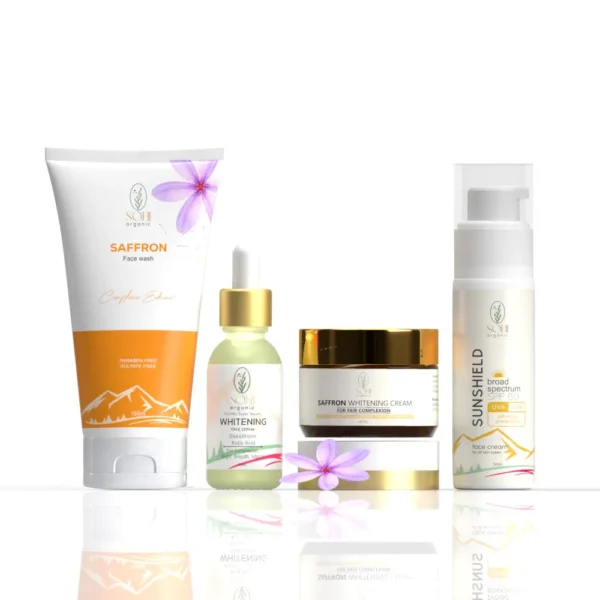 SOHI Organic Radiant Glow Essentials Skin Whitening Kit – 4-Step Herbal Skincare Set with Saffron Face Wash, Skin Whitening Serum, Saffron Whitening Cream, and SPF 60 Sunscreen